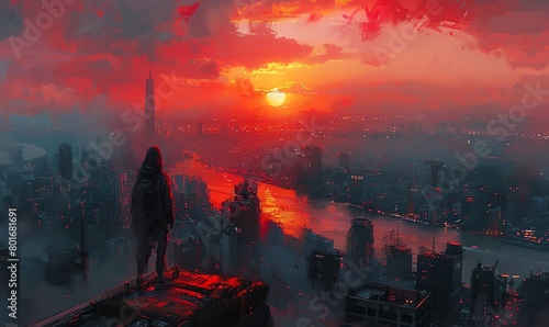 concept art of a cyberpunk ninja standing on top of a building in the middle of a neon city  in the style of Guweiz  with high contrast and high details  fantasy background