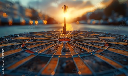 Darts arrow hit center target on dartboard with business background, High quality photo of dace player throwing arrow to the middle of bullseye in city street. breakfast vibe, golden hour, 8K, profess photo
