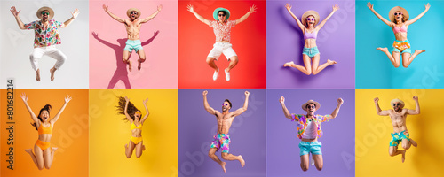 Summer people collection set, diverse people jumping on colorful background, many people funny jump wearing summer outfit fashion ready for swim and summer activity, summertime, beachwear AIG48
