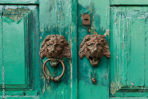 old wooden door with lion handles (ID: 801682241)