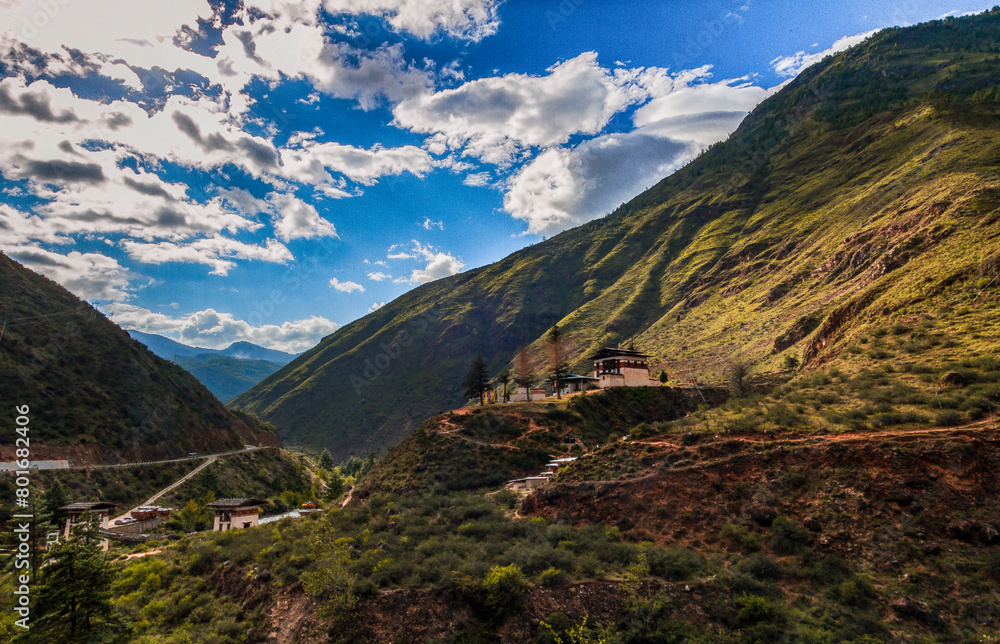 Nestled in steep, low hills in Paro