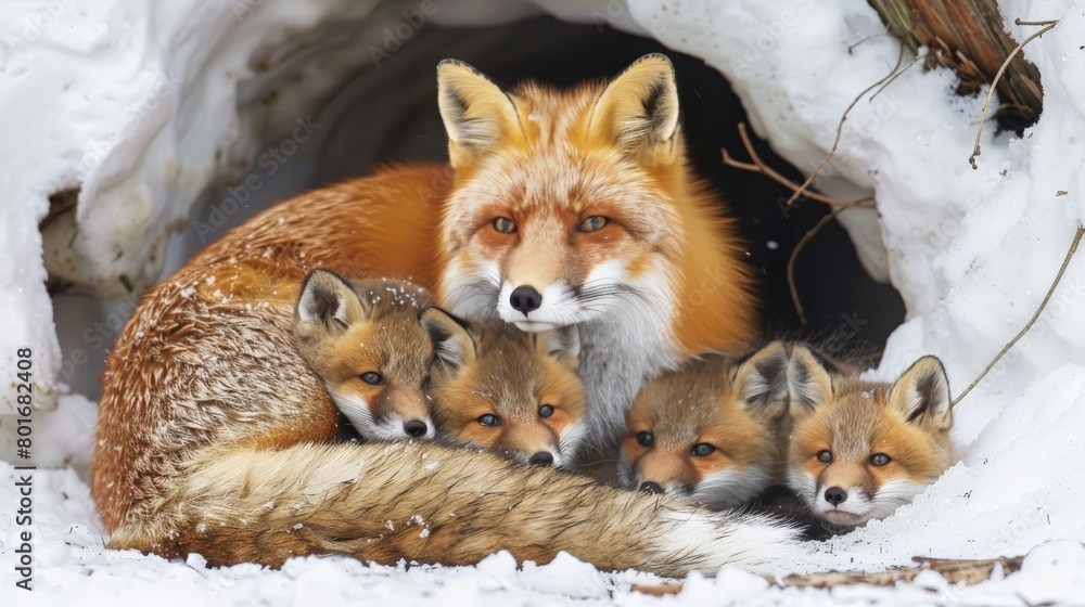 Fototapeta premium An enchanting scene of a fox and her cubs snuggled in a snowy den, their vibrant coats contrasting against the pristine white snow, symbolizing warmth in the heart of winter.