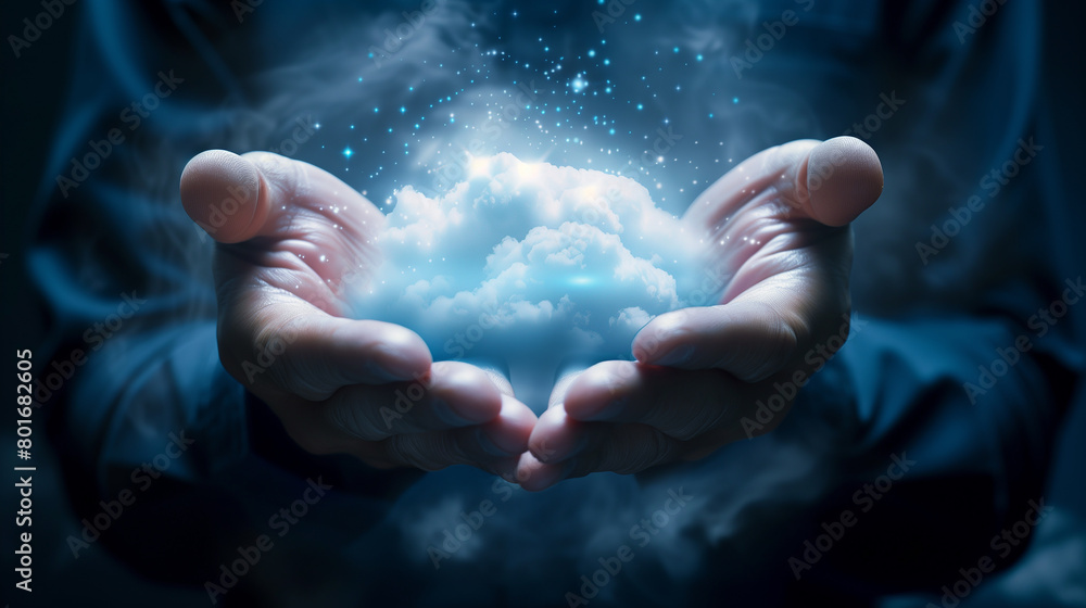 Close up of businessman hands holding cloud computing concept. Close up of businessman hands holding cloud computing concept.