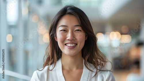 A portrait of a beautiful asian woman smiling brightly
