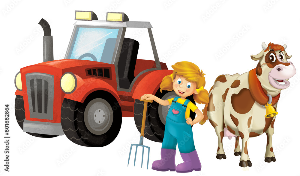 cartoon scene with farmer girl standing with pitchfork and farm animal cow bull isolated background illustation for children cartoon scene with farmer girl standing with pitchfork and farm animal cow bull isolated background illustation for children