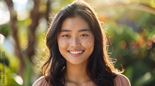 A portrait of a beautiful asian woman smiling brightly
