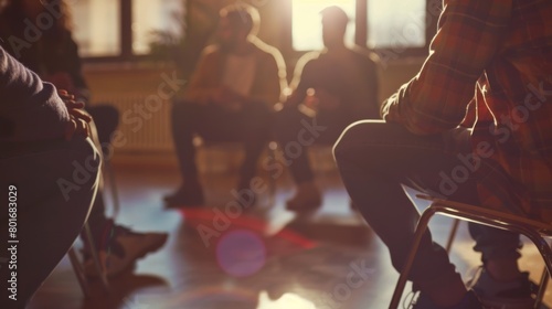 A group of strangers sitting in a circle at a support group meeting sharing their experiences and supporting each other on their journey of sobriety.