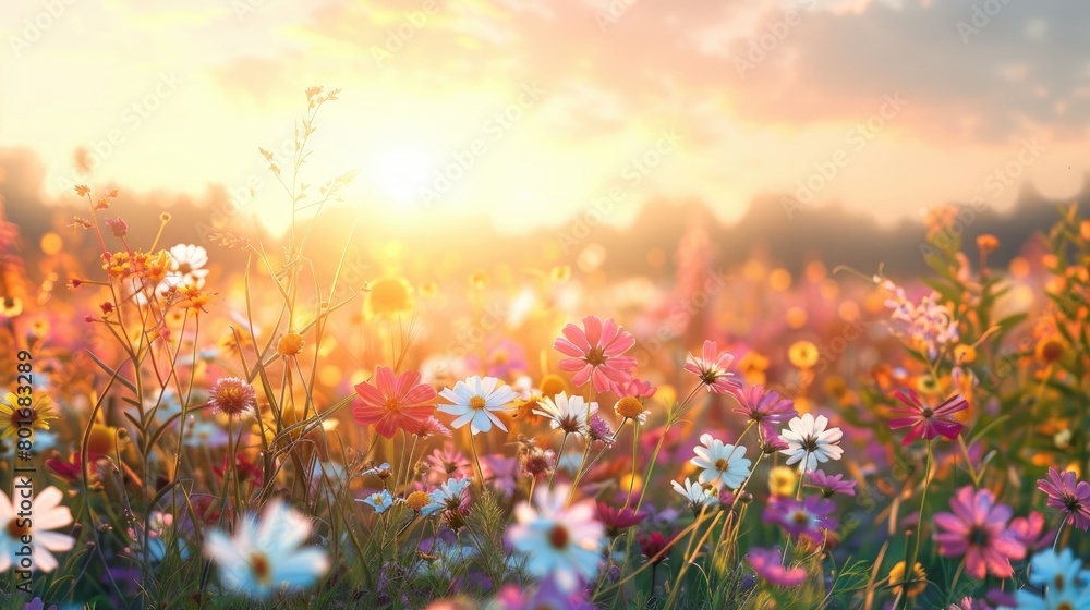 A field of flowers with a bright sun shining on them. The sun is in the center of the image and is surrounded by a large field of flowers. The flowers are of various colors, including white, pink