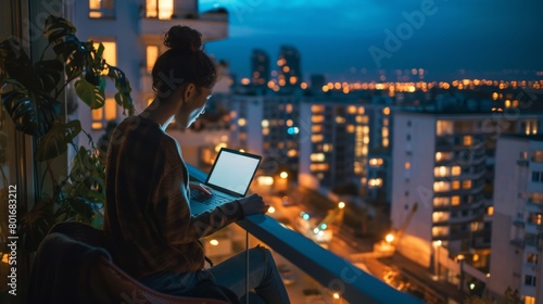 An evening scene of a person working remotely on a balcony overlooking a cityscape, their laptop illuminated by soft lighting, capturing the flexibility of remote work hours.