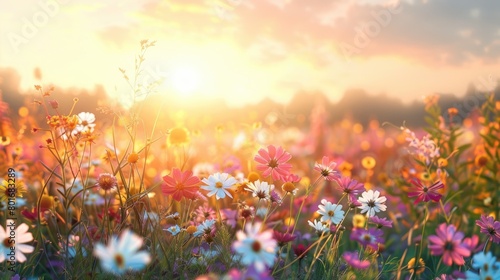 A field of flowers with a bright sun shining on them. The sun is in the center of the image and is surrounded by a large field of flowers. The flowers are of various colors  including white  pink
