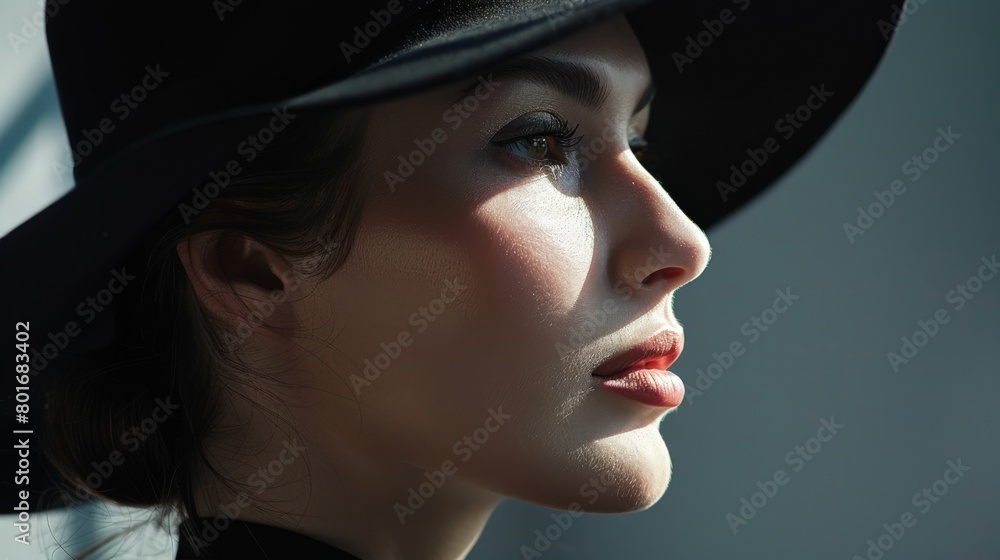An enchanting profile of a woman gazing into the distance, her elegant black hat casting intriguing shadows across her visage, the mystery of her expression enhanced by her exquisite makeup. An enchanting profile of a woman gazing into the distance, her elegant black hat casting intriguing shadows across her visage, the mystery of her expression enhanced by her exquisite makeup.