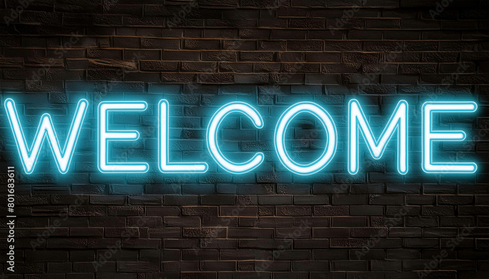 Obraz premium Welcome blue neon sign on black wall, illustration.