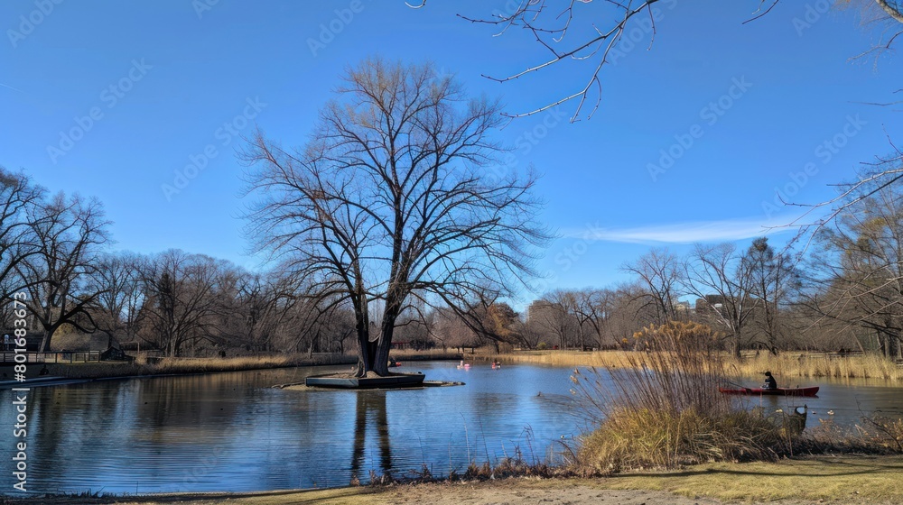 a tall, leafless tree by a pond under a clear blue sky. People are seen enjoying paddle boating a tall, leafless tree by a pond under a clear blue sky. People are seen enjoying paddle boating