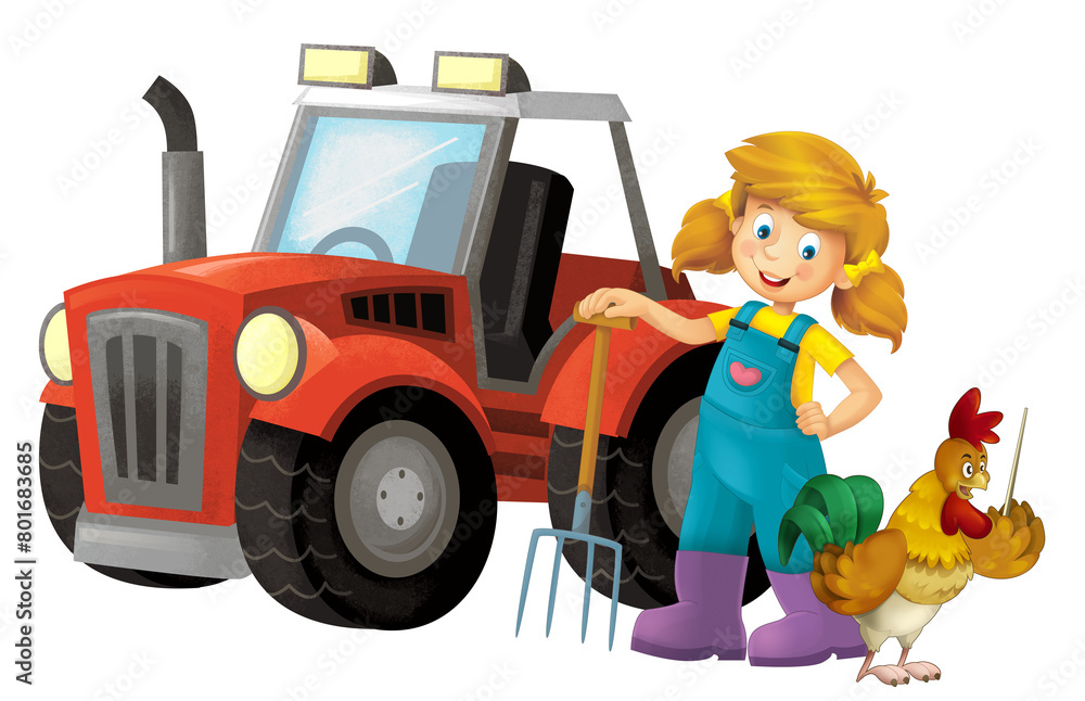 cartoon scene with farmer girl standing with pitchfork and farm animal isolated background illustation for children cartoon scene with farmer girl standing with pitchfork and farm animal isolated background illustation for children