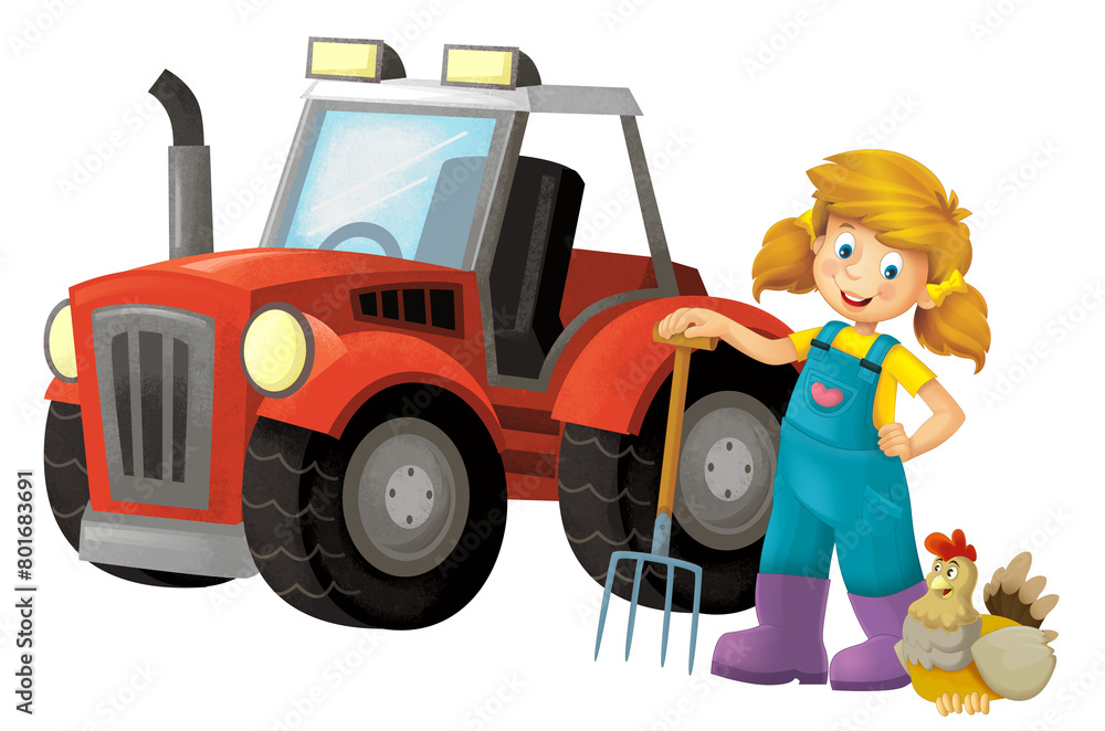 Fototapeta premium cartoon scene with farmer girl standing with pitchfork and farm animal isolated background illustation for children