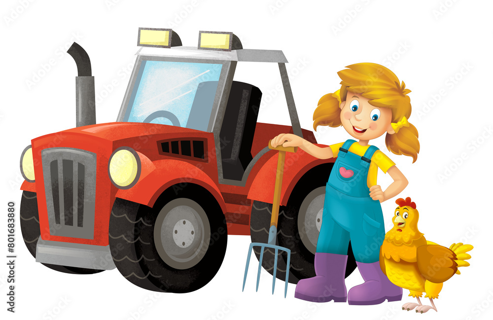 cartoon scene with farmer girl standing with pitchfork and farm animal isolated background illustation for children cartoon scene with farmer girl standing with pitchfork and farm animal isolated background illustation for children