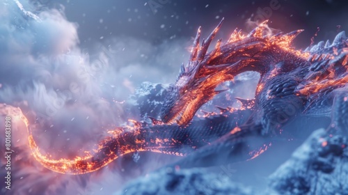 A majestic dragon partially made of fire and partially made of ice embodying the opposing forces of nature and their constant struggle . .