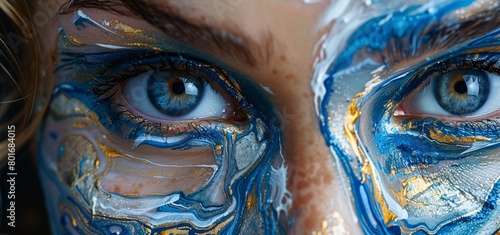 Abstract Gold and Blue Face Paint  Close-Up of Woman s Eyes  Artistic Makeup Detail