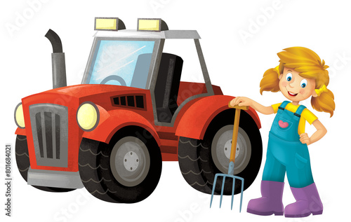 Fototapeta Naklejka Na Ścianę i Meble -  cartoon scene with farmer girl standing with pitchfork and farm animal isolated background illustation for children