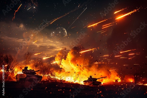 The tanks with fire and missiles in the war zone, Generative ai