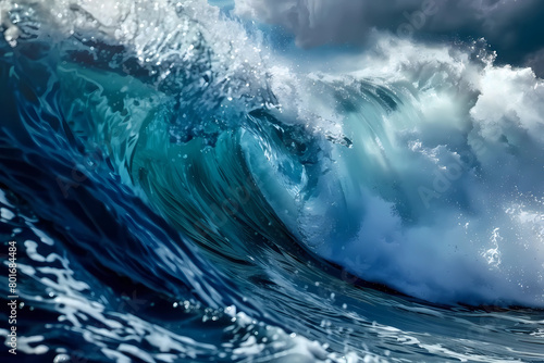 A powerful ocean wave, crashing against the shore with force and energy, Concept nature's power and strength