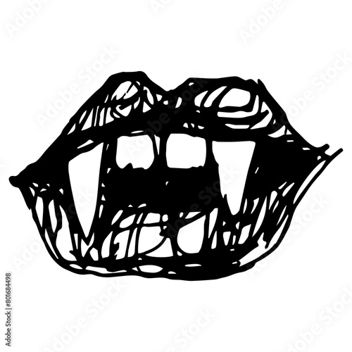 Mouth of vampire with lips and sharp fangs. Hand drawn rough doodle sketch. Black and white silhouette.