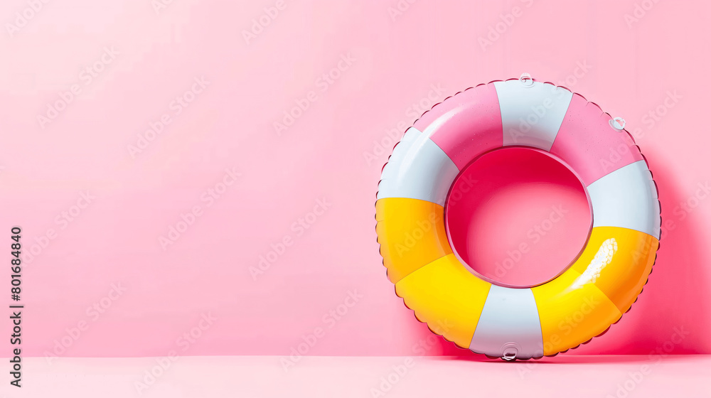 Obraz premium Brightly Colored pool float on a Pink with copy space Summer theme