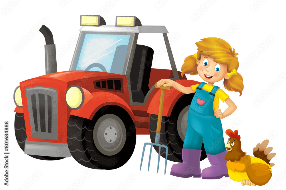 cartoon scene with farmer girl standing with pitchfork and farm animal isolated background illustation for children cartoon scene with farmer girl standing with pitchfork and farm animal isolated background illustation for children