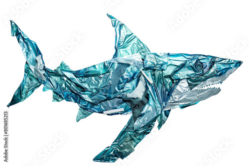 Crumpled plastic trash in the shape of a shark on a transparent background, Marine pollution and recycling efforts photo