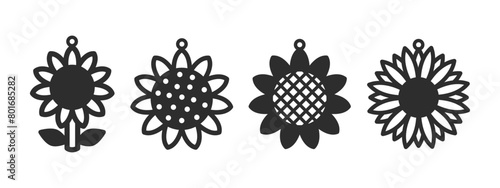Set of vector designs with sunflowers for earrings, pendant or keychain. Jewelry silhouette laser cut template. Cnc cutting with metal, wood or leather. Beautiful hanging bijouterie