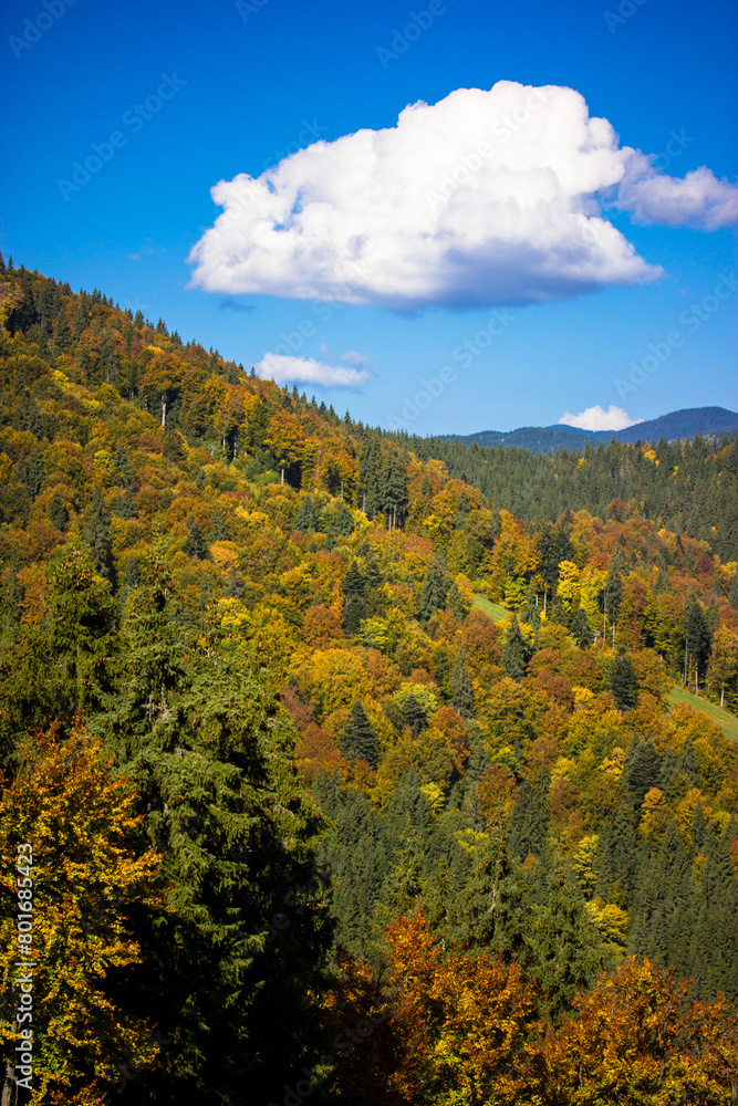 Large white cloud in the blue sky, mountain landscape on a sunny autumn day. Mountains, hills in the fall. Vertical photo of the nature reserve. Large white cloud in the blue sky, mountain landscape on a sunny autumn day. Mountains, hills in the fall. Vertical photo of the nature reserve.