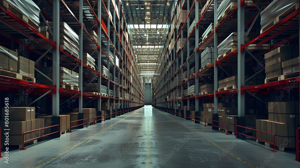 A large warehouse with rows of shelves.