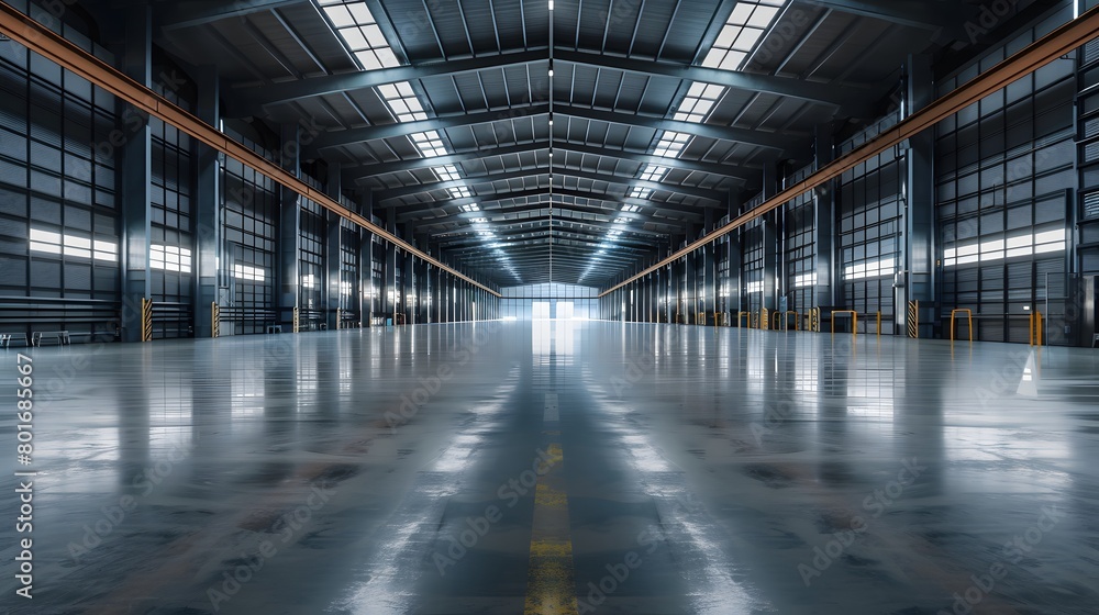 A large warehouse with rows of shelves.