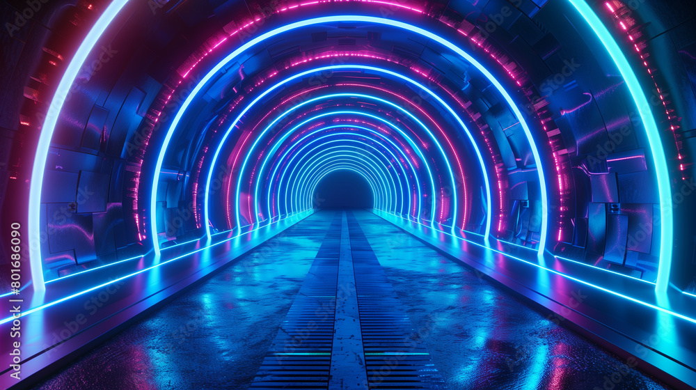 A tunnel with neon lights is shown in a blue color. The tunnel is long and narrow, and it is a futuristic tunnel