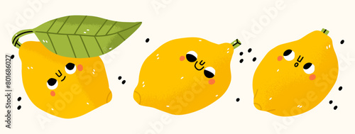 Cute yellow lemon emoticon set. Funny fruit emoji collection. Happy hand draw cartoon lemon. Healthy vegetarian food character. Trendy cartoon stickers, decorative abstract characters. Kawaii lemon