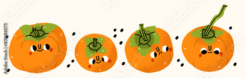 Set cartoon persimmon character with kawaii set. Good vibe only. Isolated on white background. Kawaii, doodle illustration. Design for t shirts, stickers, posters, cards etc	
