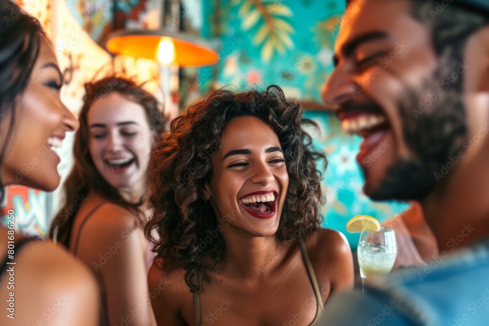 Group of friends laughing and having fun together in a nightclub or bar. Group of friends laughing and having fun together in a nightclub or bar.