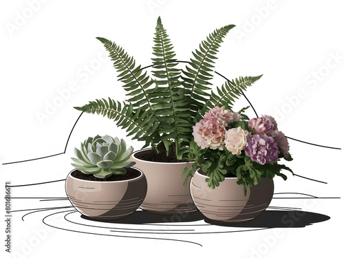Variedad de plantas en macetas sobre fondo blanco photo