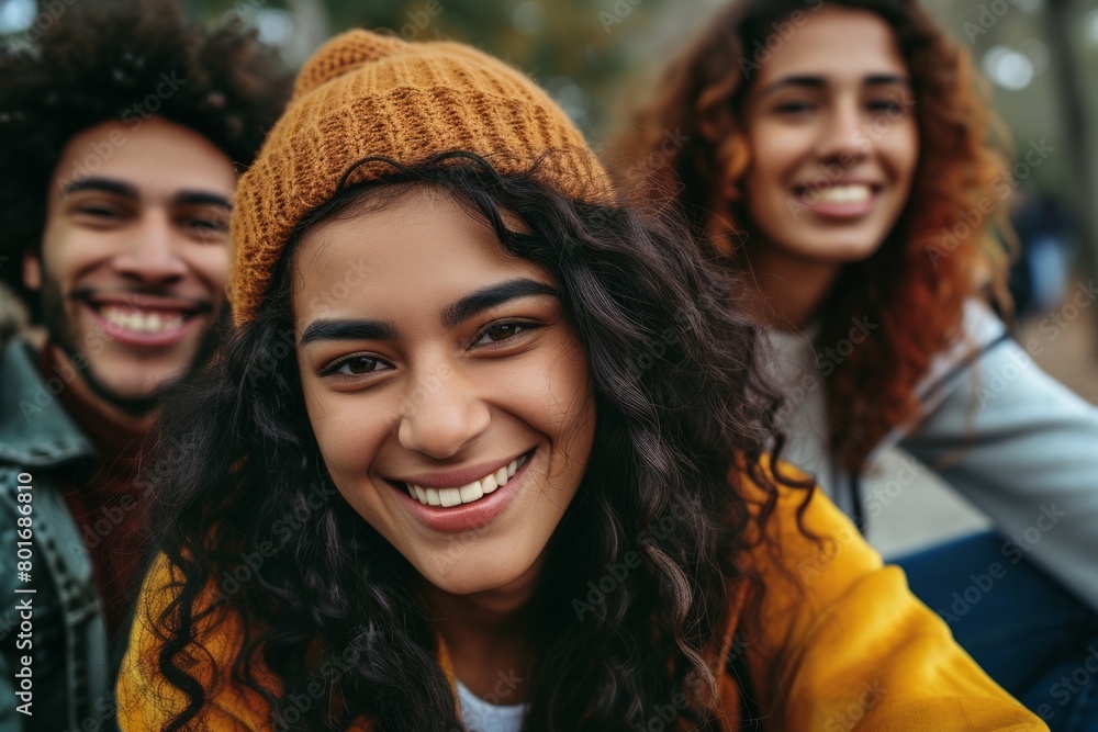 Portrait of group of multiethnic friends smiling and looking at camera outdoors Portrait of group of multiethnic friends smiling and looking at camera outdoors