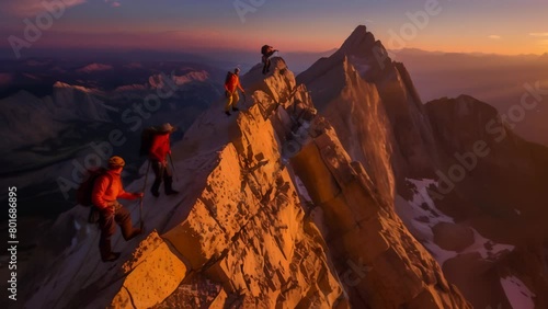 Four climbers ascend steep, jagged ridge in dramatic sunrise light, silhouetted against golden sky and vast mountain panorama.  photo