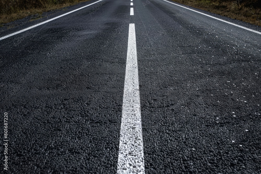 Black asphalt road with white dividing lines - generative ai Black asphalt road with white dividing lines - generative ai