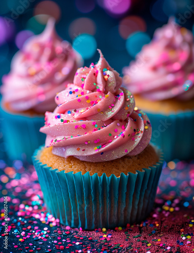 Colorful shining birthday cupcakes photo