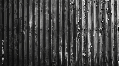 The image is a black and white photo of a rusted metal railing