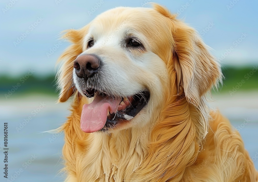 Close-Up of a Joyful Golden Retriever on a Blurry Green Background - A Vibrant and Expressive Portrait of a Happy Dog