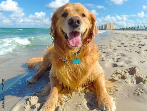 Happy golden retriever lying on the sandy beach with a bright smile, enjoying a sunny day by the ocean, embodying relaxation and joy in a tropical setting