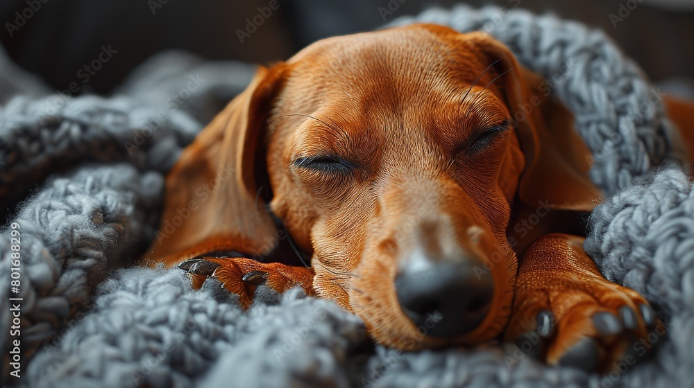 An adorable red smooth dachshund dog sleeping. 