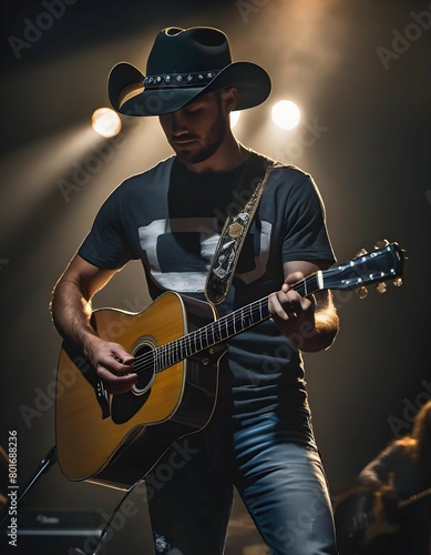 Country music singer on stage with his guitar
