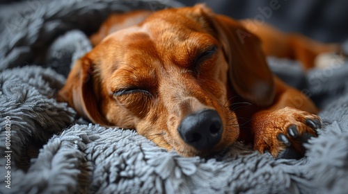 An adorable red smooth dachshund dog sleeping. 