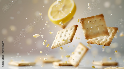 Crispy square lemon saltine crackers flying dynamically in the air on a plain light white background. Whole grain crispy bread. Healthy snack. Bioorganic dietary product photo
