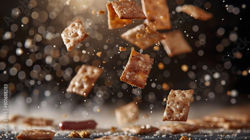 Crispy square saltine crackers dynamically flying in the air on a dark black background with highlights. Whole grain crispy cracker. Healthy snack. Bioorganic dietary product photo